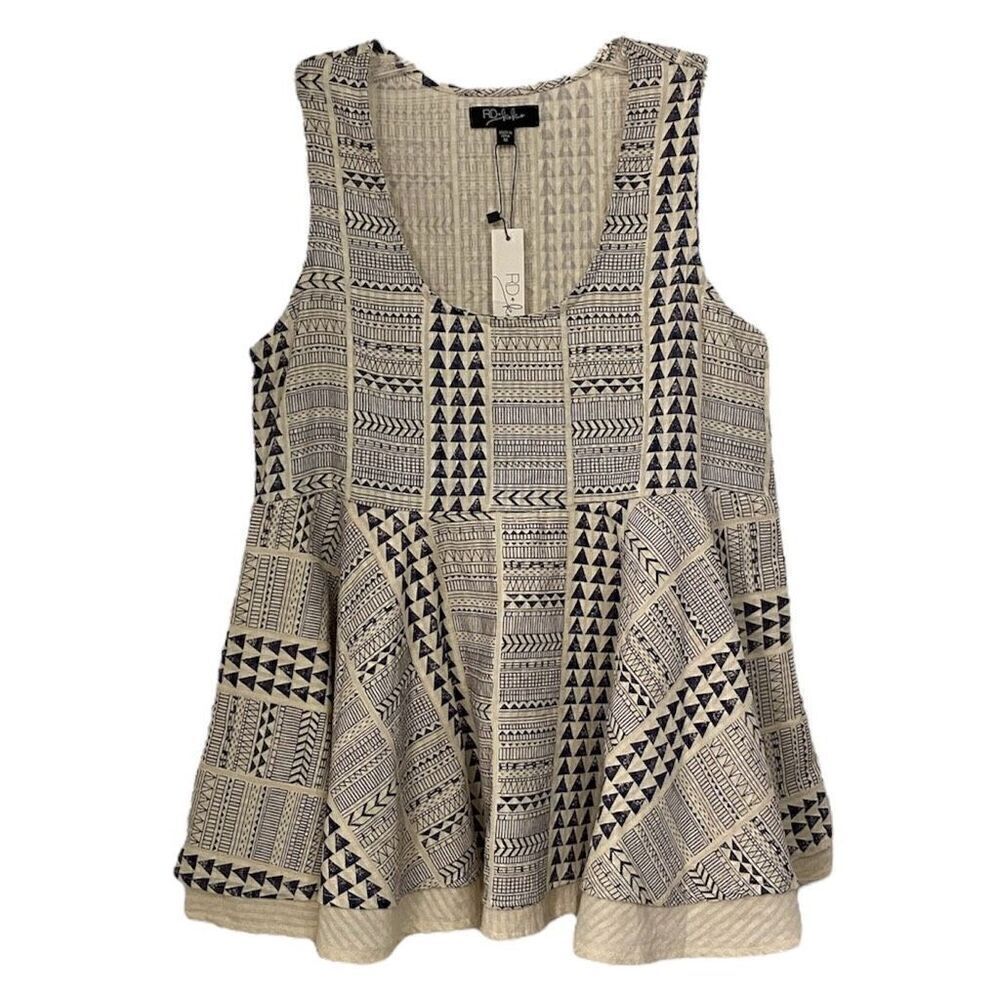 RD + Koko Peplum Cream & Navy Aztec Print Faux Linen Layer Tank NWT Size Medium